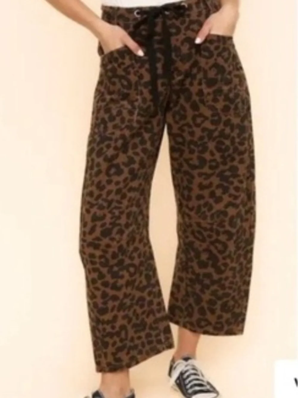 Haptics Leopard Print Drawstring Barrel Jeans